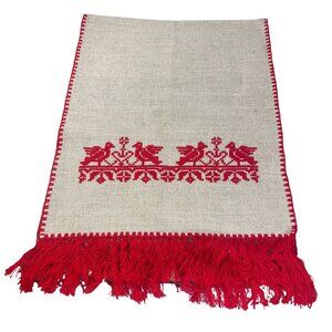 Handmade Woven Fringed Tan and Red Table Runner Bird Heart Motif